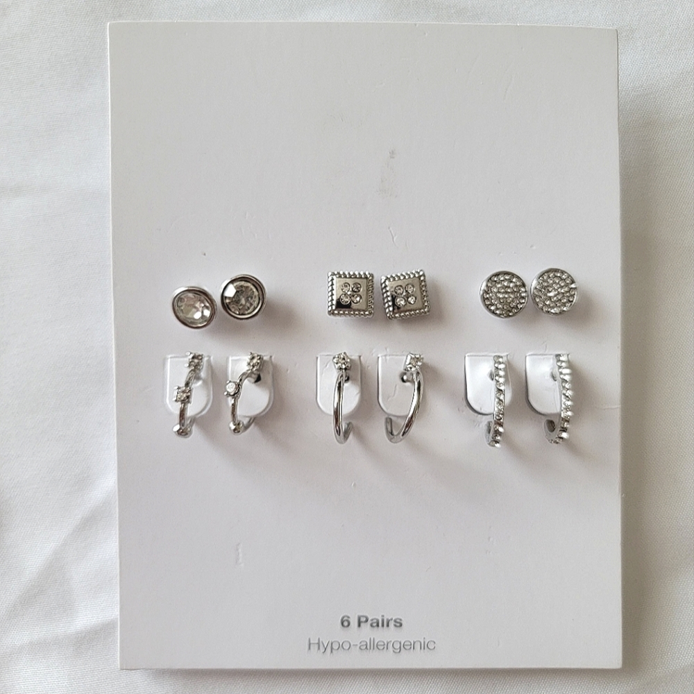 Pave Hoops Multi Earring Set 6 Pair Silver Tone
